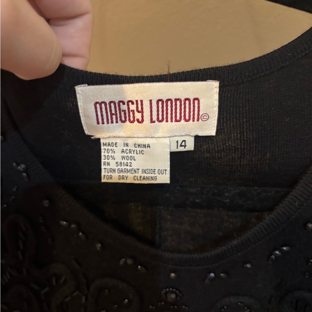Vintage 90s Maggy London Black Beaded Knit Dress – Size 14 (Fits M/L) wool blend - Picture 3 of 13